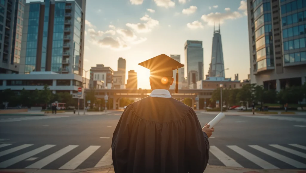 حديث التخرج يقف أمام مفترق طرق في منطقة أعمال حديثة وقت شروق الشمس.