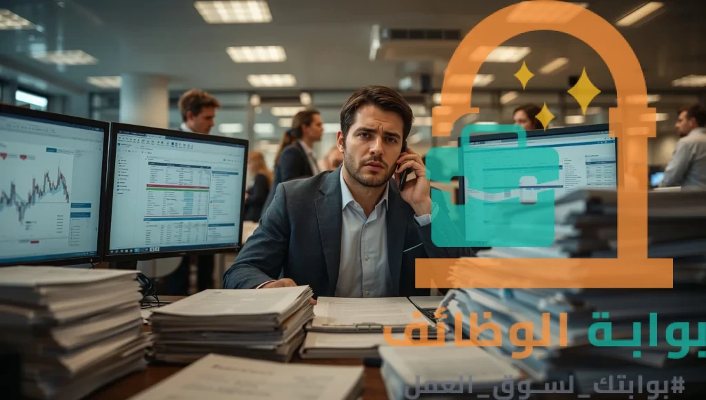 مسؤول توظيف مرهق في مكتب مزدحم، مما يوضح أحد الأسباب الرئيسية لـ عدم الرد بعد التقديم بسبب ضغط العمل.