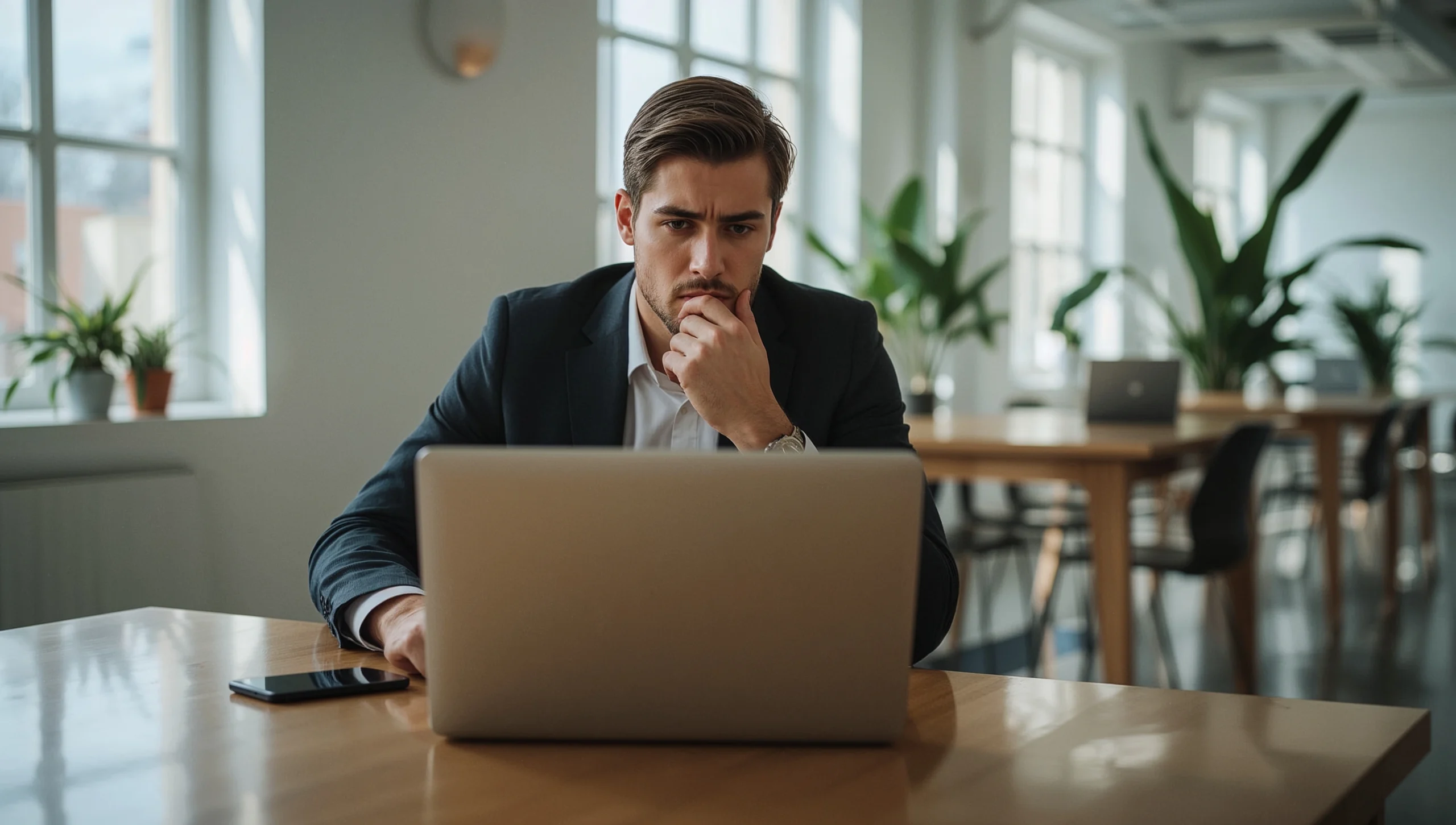 شاب مهني ينتظر بقلق أمام لابتوب، يجسد حالة عدم الرد بعد التقديم على وظيفة في بيئة عمل حديثة.
