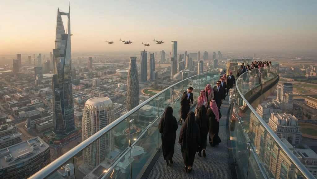 لقطة بانورامية لمستقبل سوق العمل في السعودية 2026 تظهر محترفين سعوديين في بيئة أعمال متطورة بالرياض