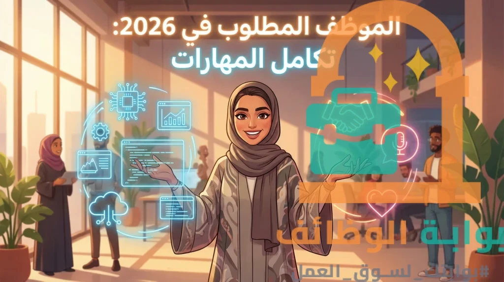 مديرة مشاريع سعودية في بيئة عمل حديثة بجدة، تظهر دمج المهارات التقنية والشخصية المطلوبة في سوق العمل 2026