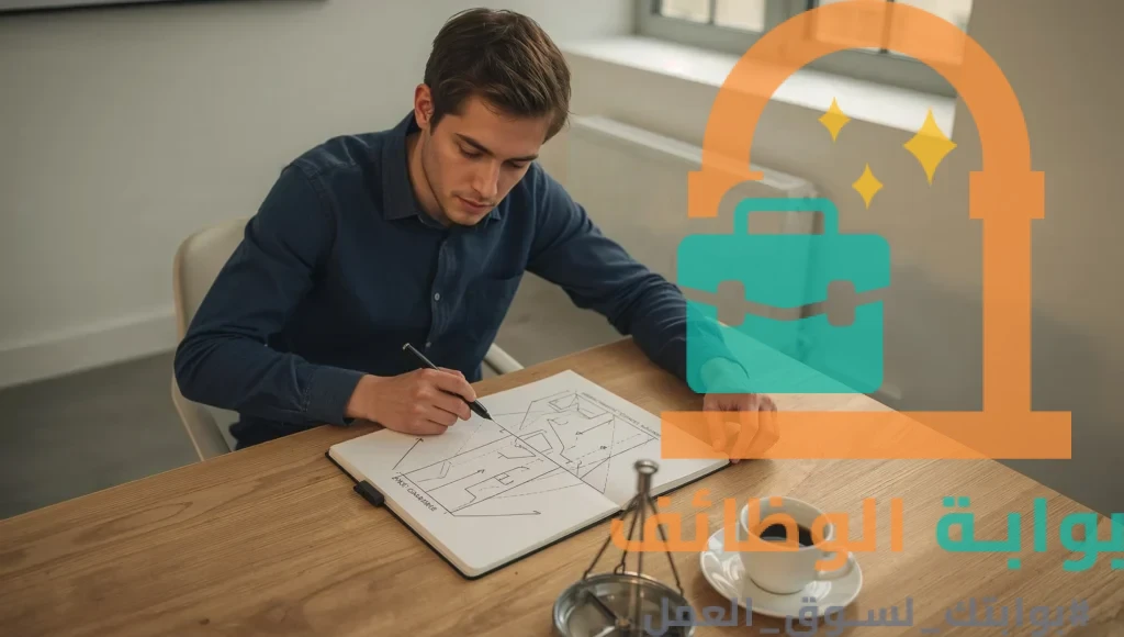 شاب من حديثي التخرج تخطط لمسارها المهني استراتيجياً باستخدام دفتر ملاحظات وبوصلة.