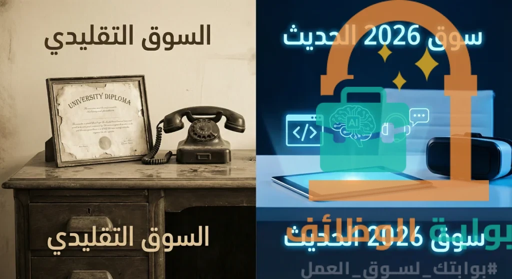 مقارنة بصرية بين سوق العمل التقليدي المعتمد على الشهادات وسوق العمل الحديث في السعودية 2026 المعتمد على المهارات والتقنية