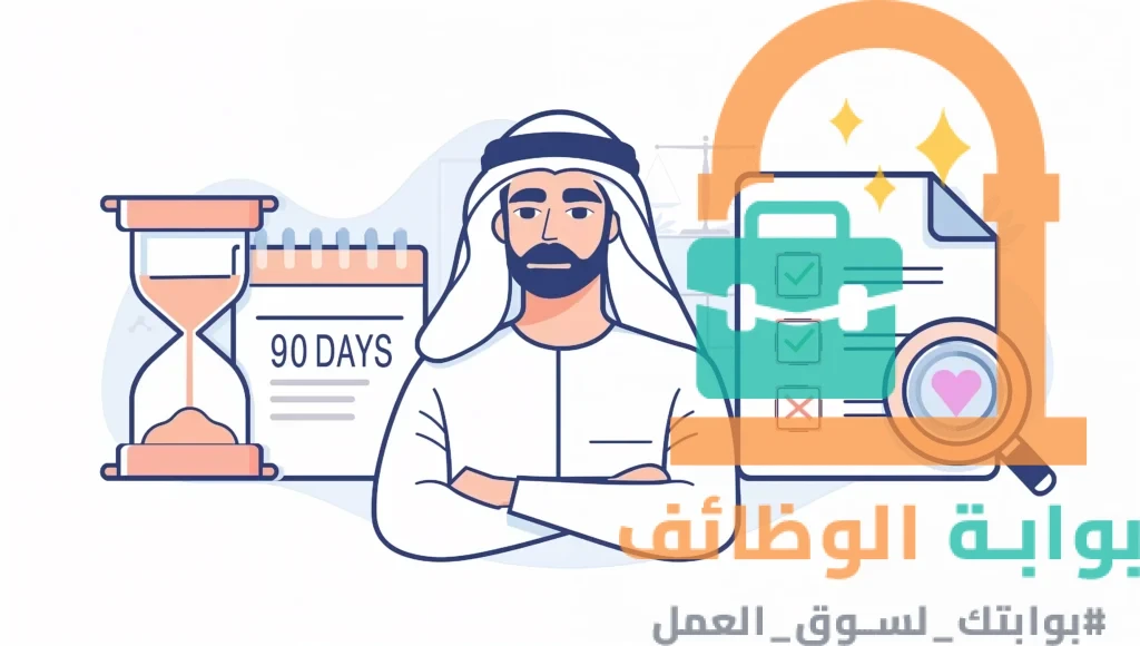 رسم توضيحي يعبر عن حقوق الموظف وصاحب العمل خلال فترة التجربة في نظام العمل السعودي، وإجراءات التقييم وإنهاء العقد.