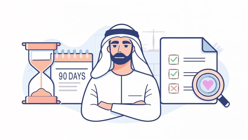 رسم توضيحي يعبر عن حقوق الموظف وصاحب العمل خلال فترة التجربة في نظام العمل السعودي، وإجراءات التقييم وإنهاء العقد.