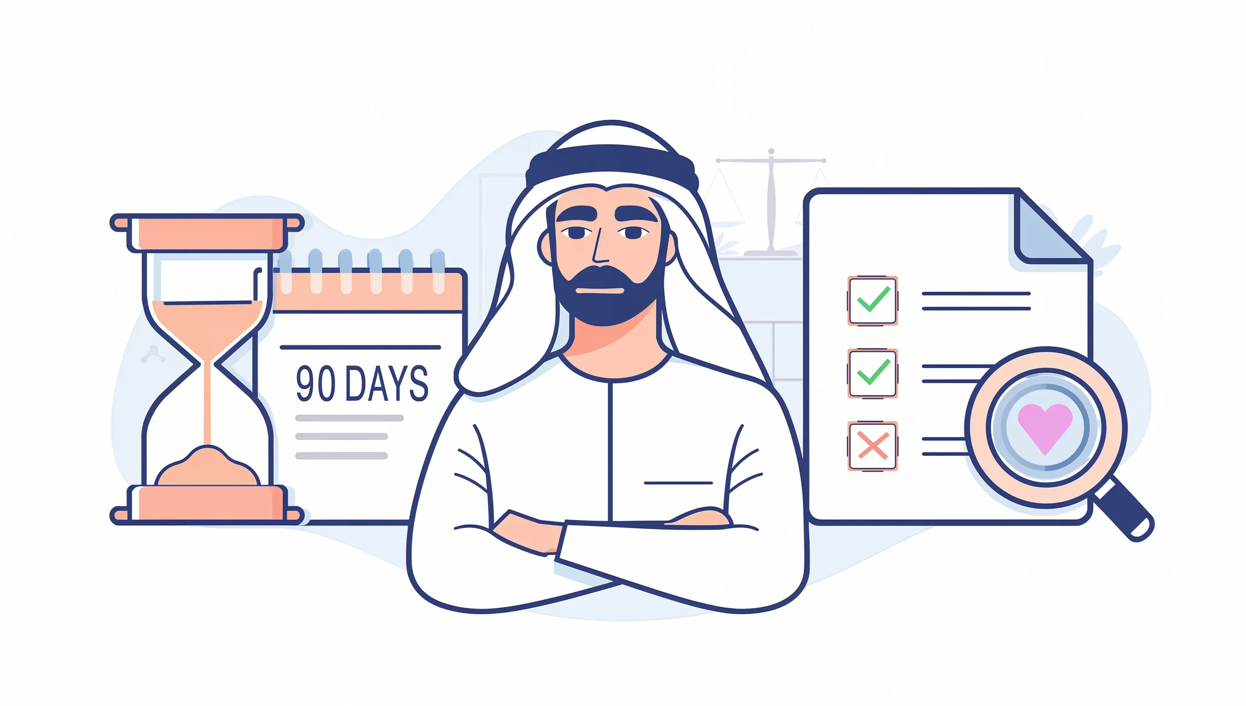 رسم توضيحي يعبر عن حقوق الموظف وصاحب العمل خلال فترة التجربة في نظام العمل السعودي، وإجراءات التقييم وإنهاء العقد.