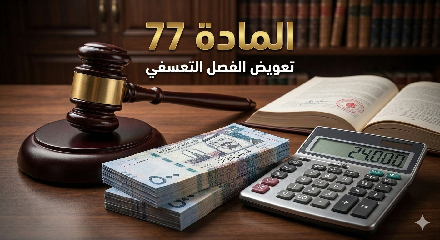 صورة توضيحية لمطرقة القاضي والريالات السعودية، ترمز إلى طريقة حساب تعويض الفصل التعسفي حسب المادة 77 من نظام العمل