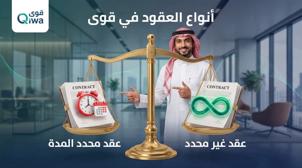 رسم توضيحي يشرح الفرق بين العقد محدد المدة وغير المحدد في منصة قوى وحقوق الاستقالة