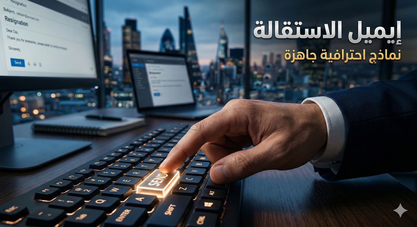 رجل أعمال يرتدي بدلة رسمية يضغط على زر إرسال في لوحة مفاتيح، تعبيراً عن كيفية كتابة إيميل استقالة احترافي وإرساله للمدير