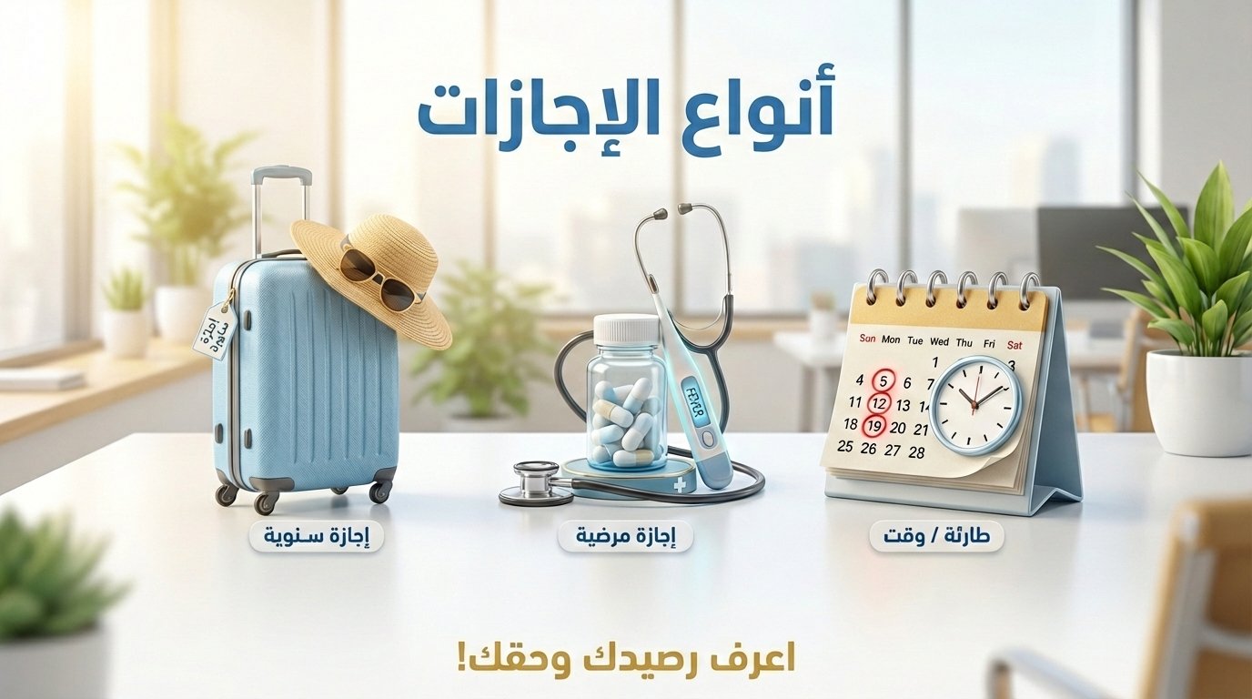 جدول أنواع الإجازات في نظام العمل السعودي (المرضية، السنوية، والطارئة)