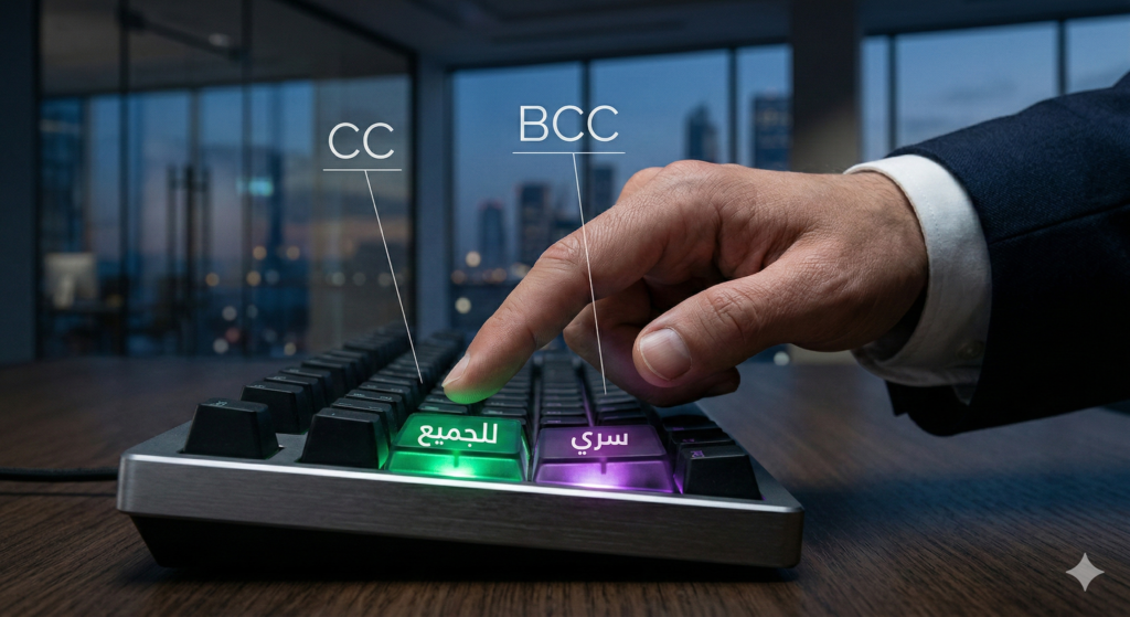صورة احترافية محسنة CTR توضح الفرق بين الـ CC والـ BCC في إيميلات العمل، مع نصوص عربية "للجميع" و"سري" على لوحة مفاتيح مضيئة