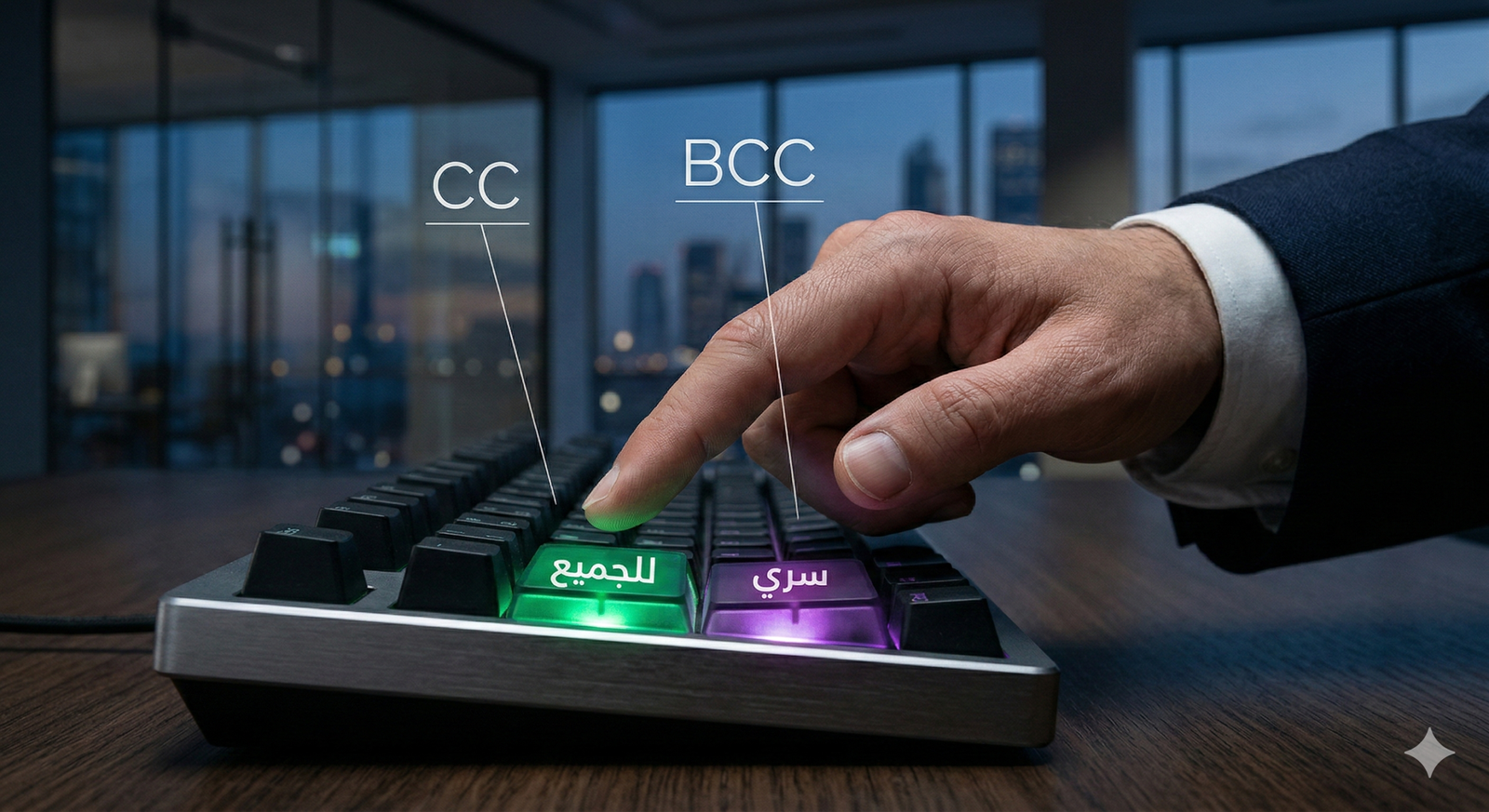 صورة احترافية محسنة CTR توضح الفرق بين الـ CC والـ BCC في إيميلات العمل، مع نصوص عربية "للجميع" و"سري" على لوحة مفاتيح مضيئة
