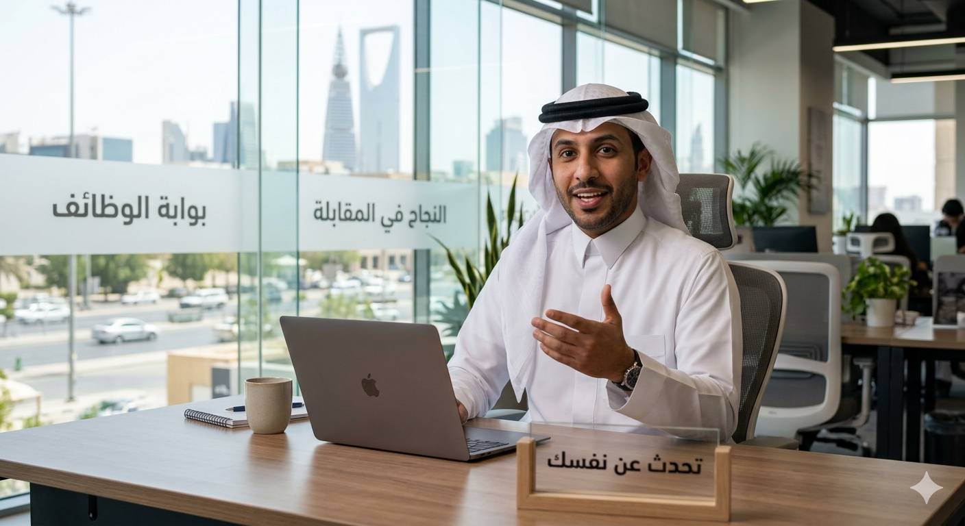 رجل سعودي يرتدي الثوب والشماغ يتحدث بثقة أثناء مقابلة عمل ليجيب على سؤال تحدث عن نفسك